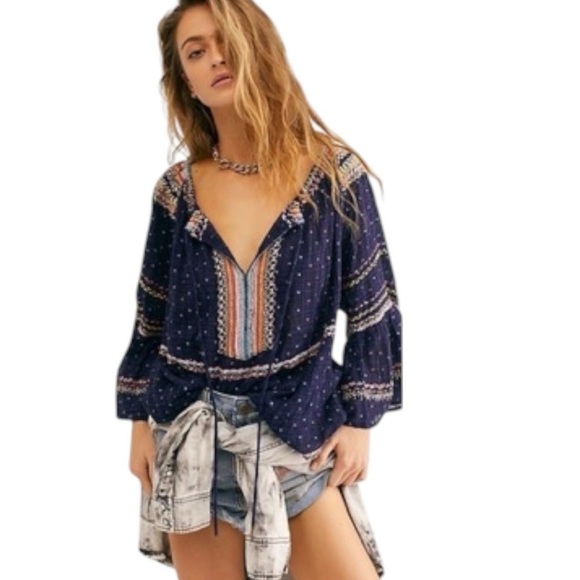 Free People Talia Embroidered Blouse Navy Size Small Boho Top Festival Flowy - Picture 4 of 13